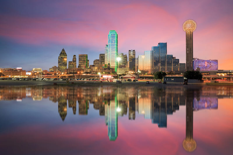 A photo of the Dallas skyline at in the evening